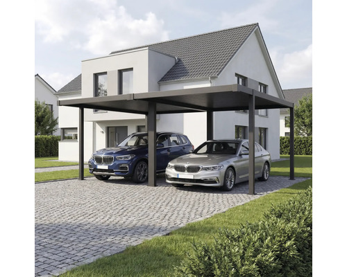 Doppelcarport aus Metall mit zwei geparkten Autos vor einem Wohnhaus