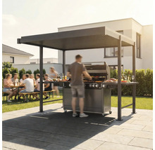 Grillplatz mit Grill, Überdachung und Gästen im Garten