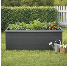 Hochbeet mit Gemüse, Gießkanne und Korb mit Blumen im Garten.