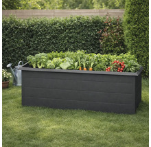 Hochbeet aus Holz mit Gemüse bepflanzt im Garten