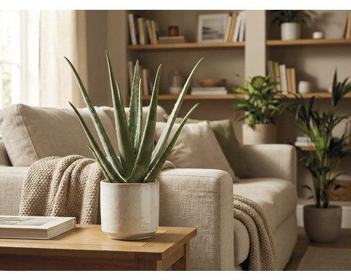 Aloe Vera Pflanze im Topf auf einem Tisch neben einem Sofa in einem Wohnzimmer.