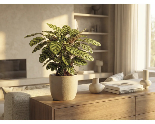 Innenaufnahme eines Calathea-Blumentopfes auf einem Holzschrank in einem hellen Wohnzimmer