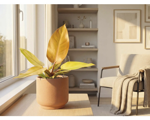 Innenraumszene mit Zimmerpflanze in Keramiktopf auf einem Tisch