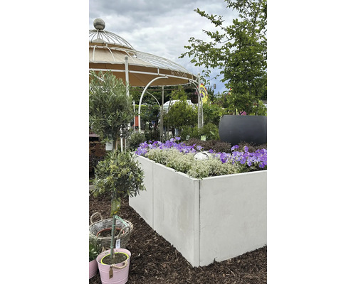Szene mit einem erhöhten Gartenbeet mit Blumen, einem Pavillon und verschiedenen Pflanzen.