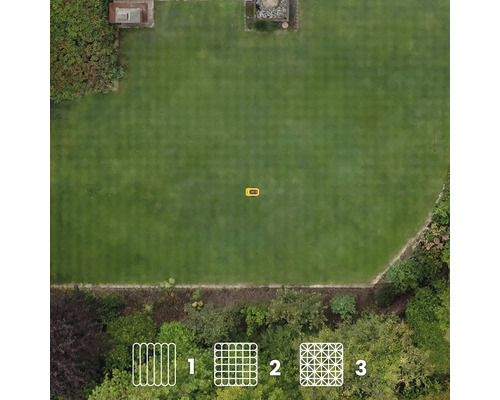 Draufsicht auf einen Rasen mit einem Rasenmähroboter und den Mähbildern