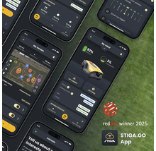 Mehrere Smartphone-Bildschirme zeigen die Stiga Go App für Rasenmäherroboter, Red Dot Gewinner 2025.