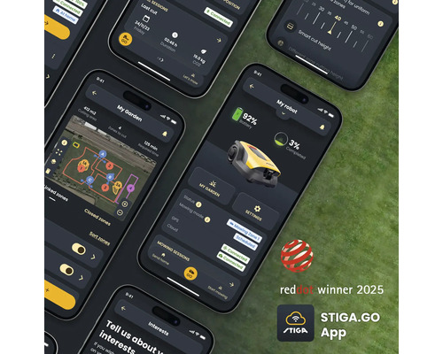 Mehrere Smartphone-Bildschirme zeigen die Bedienoberfläche einer App zur Steuerung eines Robotermähers, inklusive Anzeige der Mähzonen und des Batteriestatus. Red Dot Winner 2025 Auszeichnung und STIGA.GO App Logo sind sichtbar.