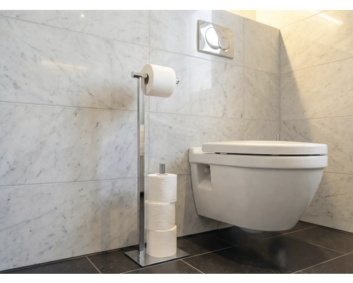 Badezimmer mit Toilette und Toilettenpapierhalter aus Metall