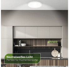 Eine moderne Küche mit einer runden Deckenleuchte, die neutralweißes Licht spendet.