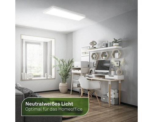 Modernes Arbeitszimmer mit Schreibtisch, Stuhl, Regalen und einer rechteckigen Deckenleuchte