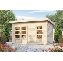 Holzgartenhaus mit Doppeltür und Fenstern im Garten