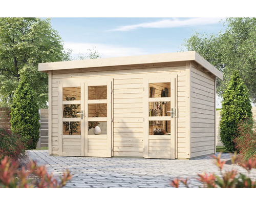 Holzgartenhaus mit Doppeltür und Fenstern im Garten