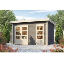 Graues Gartenhaus mit Doppeltür und Fenstern