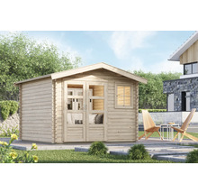 Holzgartenhaus mit Doppeltür und Fenster im Gartenbereich