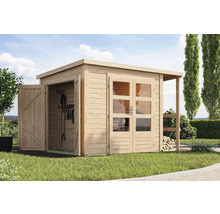 Gartenhaus aus Holz mit Doppeltür und einer geöffneten Einzeltür zur Aufbewahrung von Gartengeräten