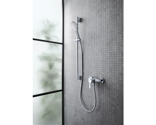 Duscharmatur mit Handbrause an einer gefliesten Wand