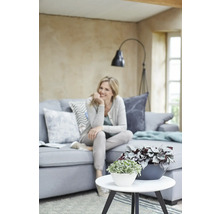 Wohnzimmer mit grauer Couch, Zimmerpflanzen auf einem runden Tisch und einer Frau