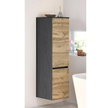 Wandhängender Badezimmer-Hochschrank mit zwei Türen in Eichen-Optik und anthrazitfarbenem Korpus in einem hellen, modern eingerichteten Badezimmer.