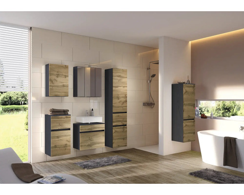 Modernes Badezimmer-Set in Eiche-Optik mit anthrazitfarbenen Akzenten. Bestehend aus Waschtisch, Spiegelschrank, Hochschrank und Hängeschränken.