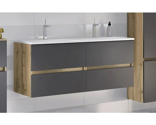 Moderner Wand-Waschtischunterschrank mit Doppelbecken, vier anthrazitfarbenen Schubladen und Akzenten in Eichenoptik.