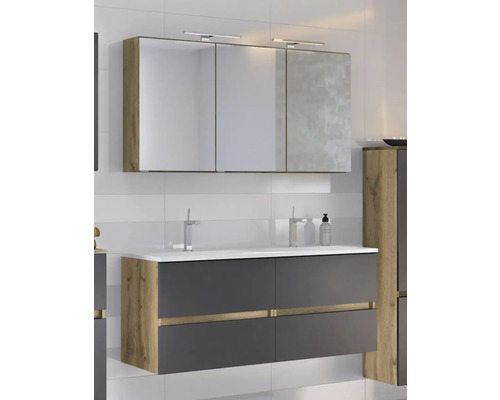 Modernes Badezimmermöbel-Set in Anthrazit und Holzoptik mit Doppelwaschtisch, dreitürigem Spiegelschrank mit Beleuchtung und Hochschrank.
