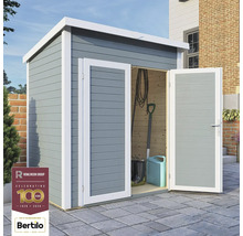 Gartenschuppen mit geöffneten Türen, Gartengeräte im Inneren