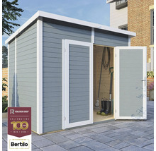 Gartenschuppen aus Holz mit Doppeltür und Werkzeugen im Inneren