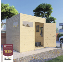 Holzgartenhaus mit Fenster und offener Doppeltür