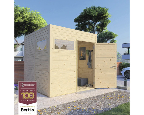 Holzgartenhaus mit Fenster und offener Doppeltür