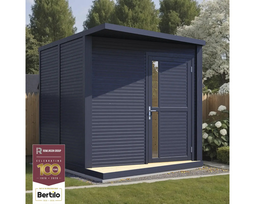 Modernes Gartenhaus mit Flachdach und einer Tür mit Fenstereinsatz.