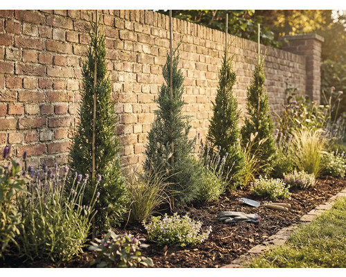 Gestalteter Gartenbereich mit Zypressen, Lavendel und Mulch