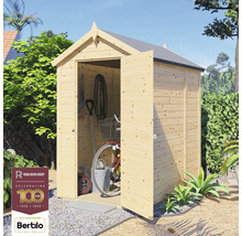 Gartenschrank aus Holz mit geöffneten Türen und Gartengeräten im Inneren