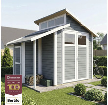 Gartenhaus mit Doppeltür, Fenster und Holzlager unter dem Vordach