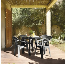 Gartenszene mit einem schwarzen Gartentisch und vier passenden Gartenstühlen auf einer Terrasse