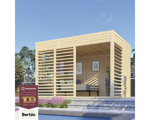 Holzgartenhaus mit Lamellenwänden und Inneneinrichtung