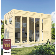 Modernes Gartenbüro aus Holz mit Glasfront und Büromöbeln