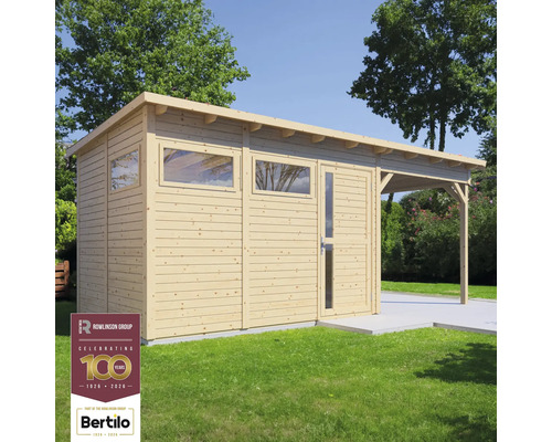 Holzgartenhaus mit Fenstern und Vordach