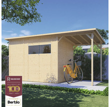 Holzgartenhaus mit Vordach und Fahrrad