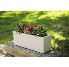 Rechteckiger Pflanzkasten aus Kunststoff mit Blumen auf Steinmauer