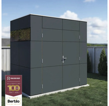 Grauer Geräteschuppen mit Fenster und Tür im Garten