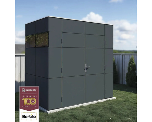 Grauer Geräteschuppen mit Fenster und Tür im Garten