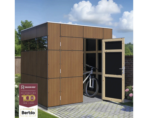 Moderner Holzgartenhaus mit geöffneter Tür und einem Fahrrad darin