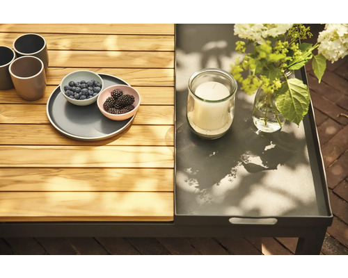 Gartentisch mit Getränken, Obst und Dekoration