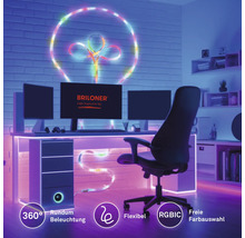 Moderner Gaming-Schreibtisch mit PC, Monitoren und Briloner LED-Streifen in Glühlampenform. 360 Grad Beleuchtung, flexibel, helle RGBIC Farbauswahl.
