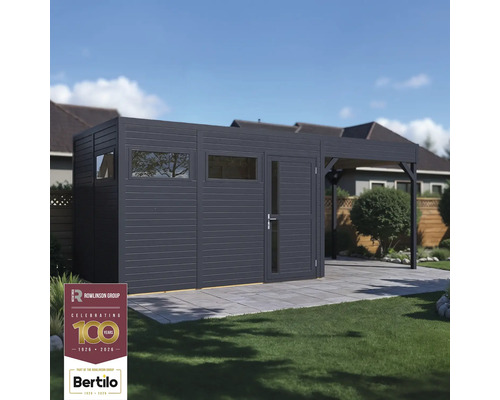 Gartenhaus mit Flachdach und seitlichem Vordach auf Rasenfläche