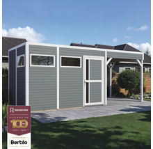 Graues Gartenhaus mit weißem Rahmen, Fenstern und einer überdachten Veranda