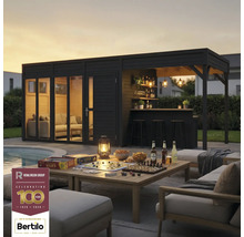 Gartenhaus mit Bar und Tisch mit Spielen im Freien. Rowlinson Group Logo. Bertilo Logo.