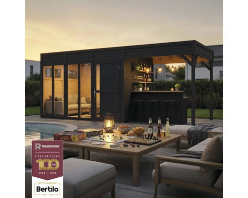 Gartenhaus mit Bar und Tisch mit Spielen im Freien. Rowlinson Group Logo. Bertilo Logo.