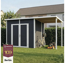 Gartenszene mit Gerätehaus, Fahrrad und Rasenmäher