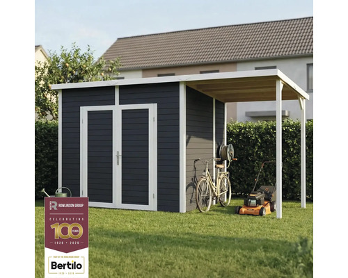 Gartenszene mit Gerätehaus, Fahrrad und Rasenmäher